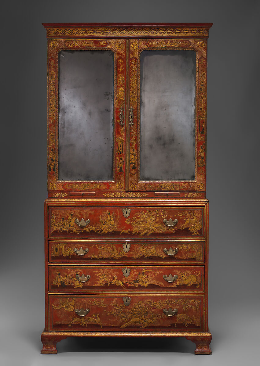 Secretary cabinet, Oak, pine, and walnut decorated in red, gold, and silver japanning; brass; mirror glass, British