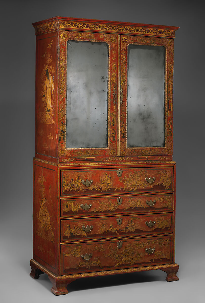 Secretary cabinet, Oak, pine, and walnut decorated in red, gold, and silver japanning; brass; mirror glass, British