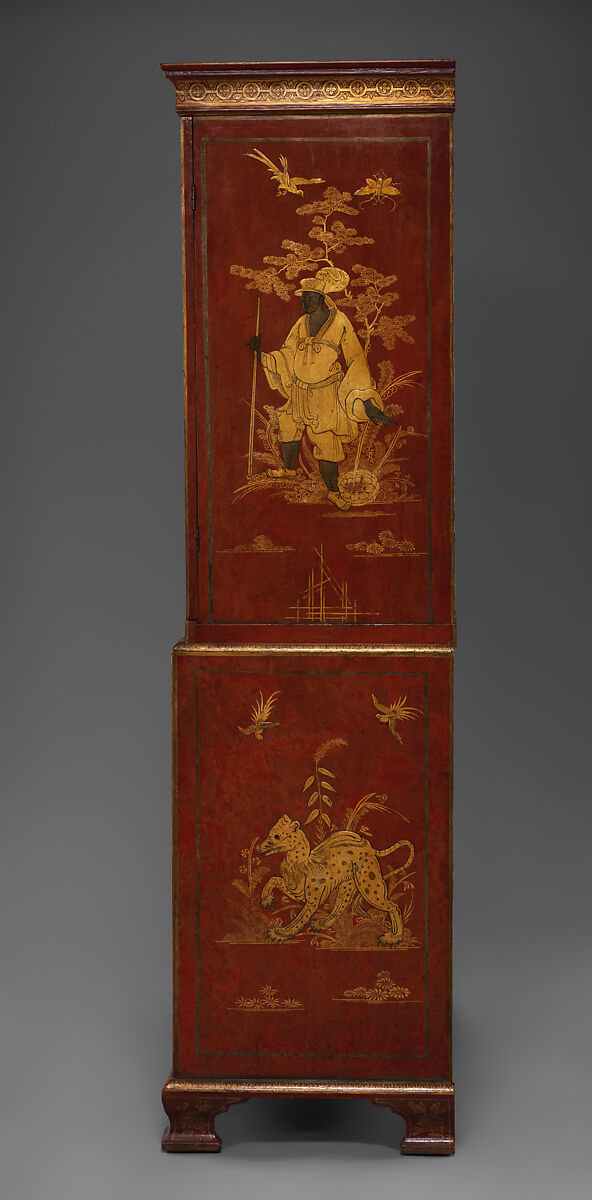 Secretary cabinet, Oak, pine, and walnut decorated in red, gold, and silver japanning; brass; mirror glass, British