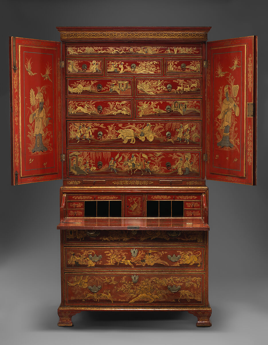 Secretary cabinet, Oak, pine, and walnut decorated in red, gold, and silver japanning; brass; mirror glass, British