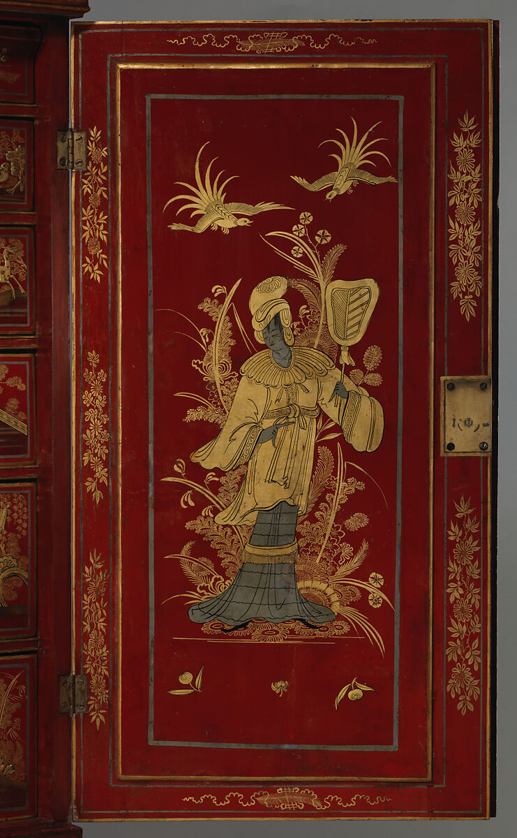 Secretary cabinet, Oak, pine, and walnut decorated in red, gold, and silver japanning; brass; mirror glass, British