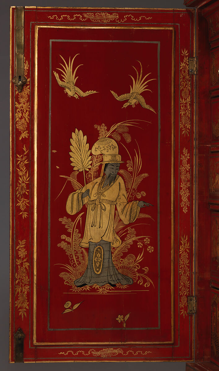 Secretary cabinet, Oak, pine, and walnut decorated in red, gold, and silver japanning; brass; mirror glass, British