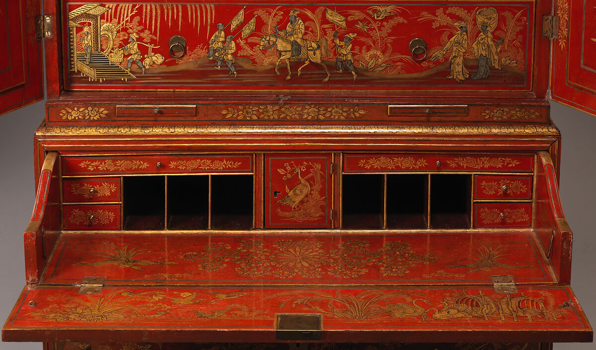 Secretary cabinet, Oak, pine, and walnut decorated in red, gold, and silver japanning; brass; mirror glass, British