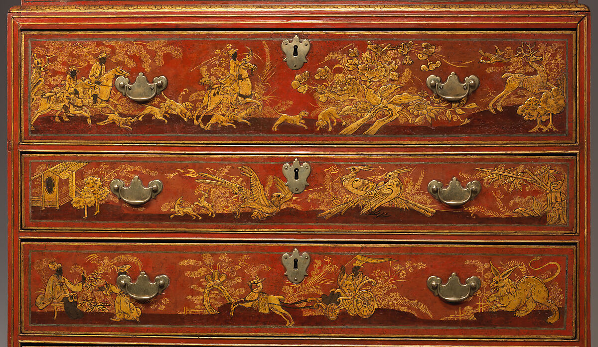 Secretary cabinet, Oak, pine, and walnut decorated in red, gold, and silver japanning; brass; mirror glass, British