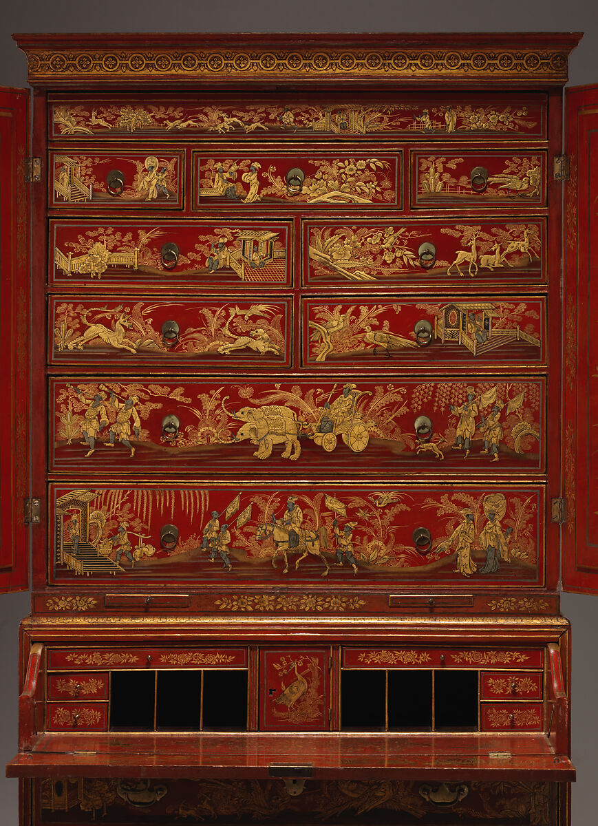 Secretary cabinet, Oak, pine, and walnut decorated in red, gold, and silver japanning; brass; mirror glass, British