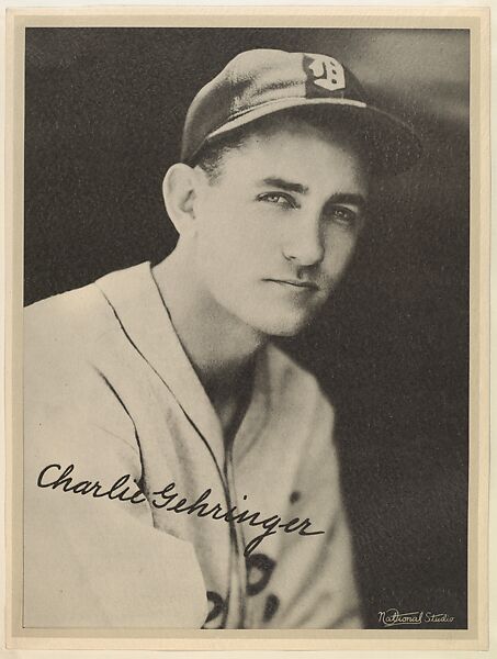 Charlie Gehringer, from the "Baseball and Football" set (R311), issued by the National Chicle Company to promote Diamond Stars Gum, Original portrait photograph by National Studios, Albumen print ("leather" finish) 