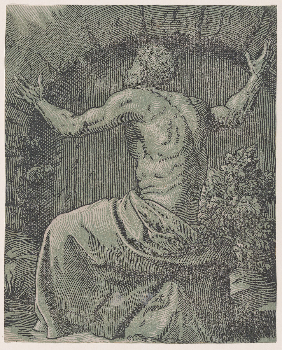 A hermit, Monogrammist YHS (Italian, active 16th century), Chiaroscuro woodcut from two blocks in blue-green ink 