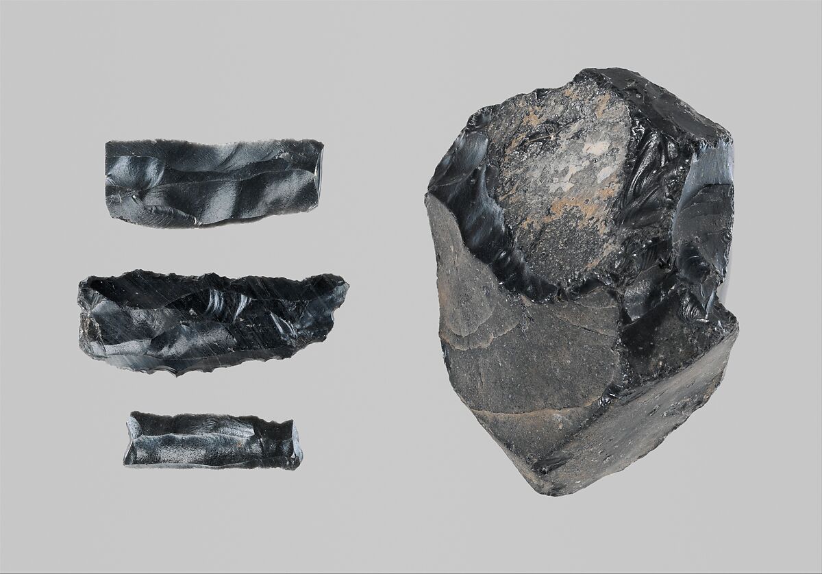 Group of 3 worked obsidian fragments and a raw obsidian lump, Obsidian, Cycladic 