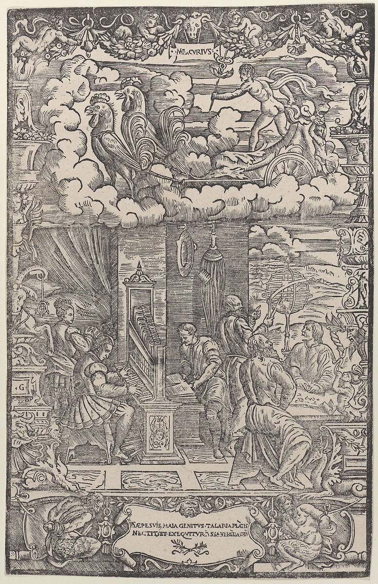 In upper section Mercury in a chariot drawn by two cocks, below musicians and astronomers, from 'The Seven Planets', After Girolamo Grandi (Italian, active 1530–48), Woodcut 