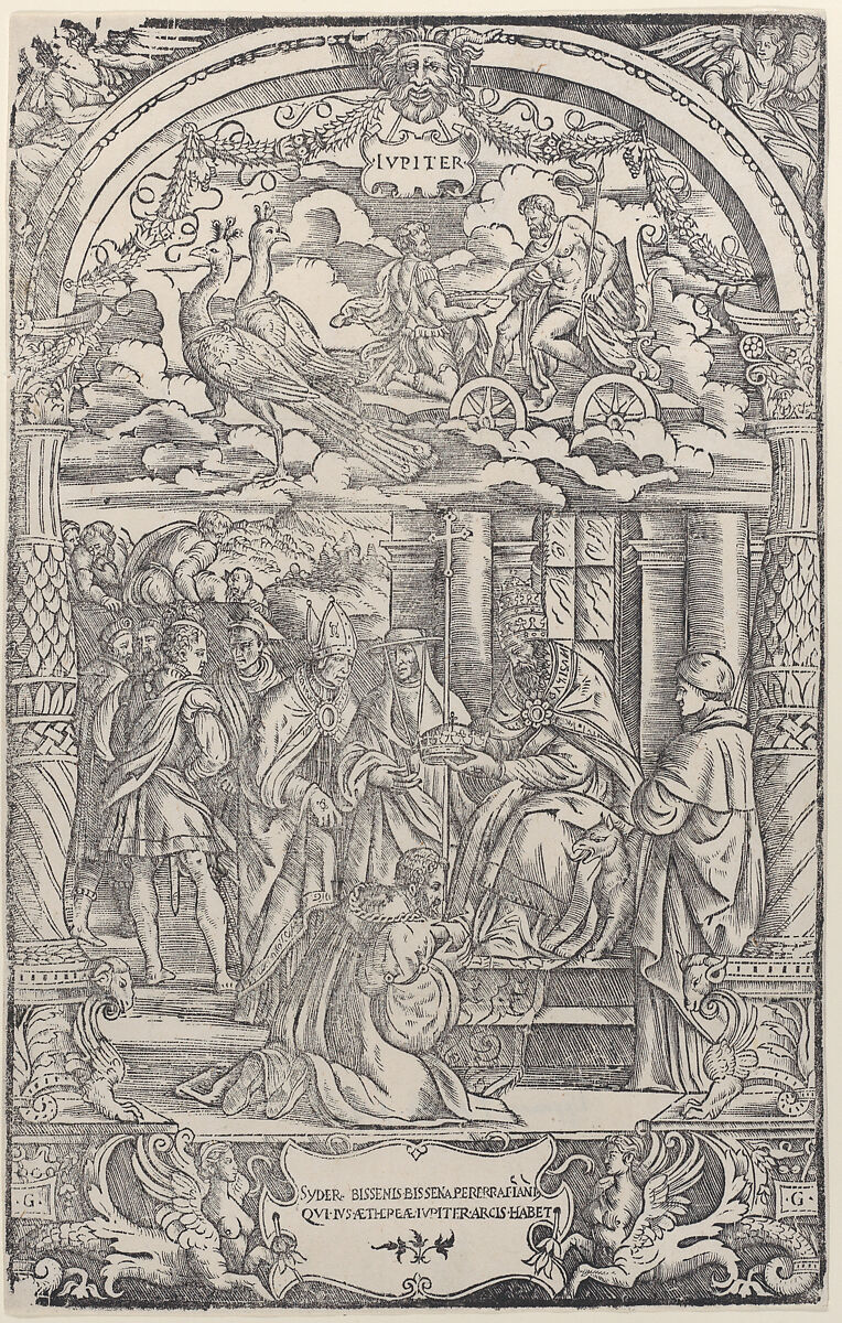 Jupiter in a Chariot Drawn by Two Peacocks above, a king being crowned by a Pope below, from 'The Seven Planets', After Girolamo Grandi (Italian, active 1530–48), Woodcut 