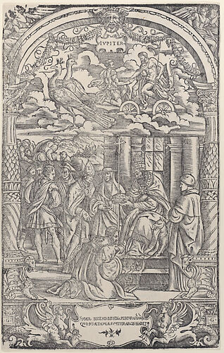 Jupiter in a Chariot Drawn by Two Peacocks above, a king being crowned by a Pope below, from 'The Seven Planets'