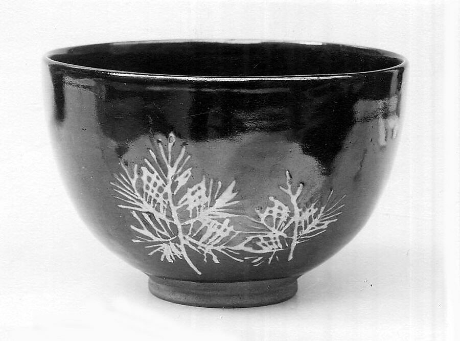 Teabowl, Nin&#39;ami Dōhachi (Takahashi Dōhachi II) (Japanese, 1783–1855), Slightly curved outline, small unglazed foot; lightweight fawn-colored clay; thin lustrous black glaze with pine boughs and poem in white (Kiyomizu ware), Japan 
