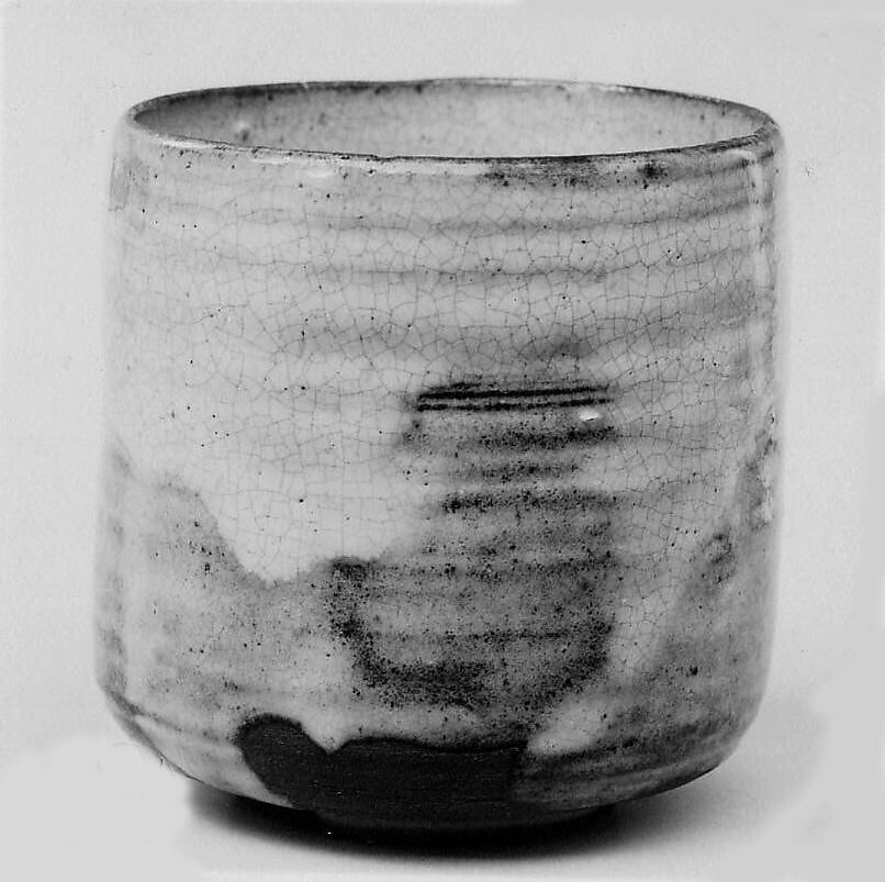 Teabowl, Yōsobei I (Japanese,), Deep, cylindrical with wheelmarks; dark reddish-brown clay; crackled glaze of grayish-white and bluish-gray (Kiyomizu ware), Japan 