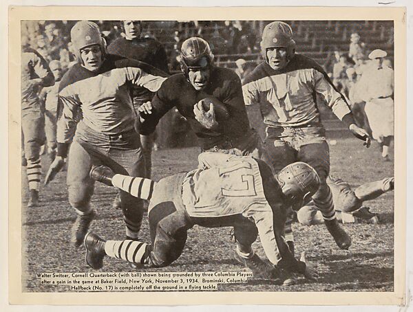 Walter Switzer, Cornell Quarterback shown being grounded by three Columbia Players, from the "Baseball and Football" set (R311), issued by the National Chicle Company to promote Diamond Stars Gum, Issued by National Chicle Gum Company, Cambridge, Massachusetts, Albumen print (glossy finish) 