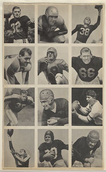 Sheet of 12 uncut football cards, from the Bowman Football series (R407-1) issued by Bowman Gum, Issued by Bowman Gum Company, Commercial color lithograph 