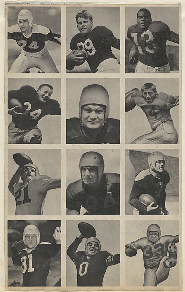 Sheet of 12 uncut football cards, from the Bowman Football series (R407-1) issued by Bowman Gum, Issued by Bowman Gum Company, Commercial color lithograph 