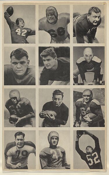 Sheet of 12 uncut football cards, from the Bowman Football series (R407-1) issued by Bowman Gum, Issued by Bowman Gum Company, Commercial color lithograph 