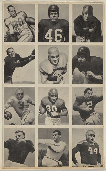 Sheet of 12 uncut football cards, from the Bowman Football series (R407-1) issued by Bowman Gum, Issued by Bowman Gum Company, Commercial color lithograph 