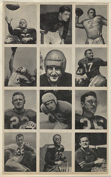 Sheet of 12 uncut football cards, from the Bowman Football series (R407-1) issued by Bowman Gum, Issued by Bowman Gum Company, Commercial color lithograph 