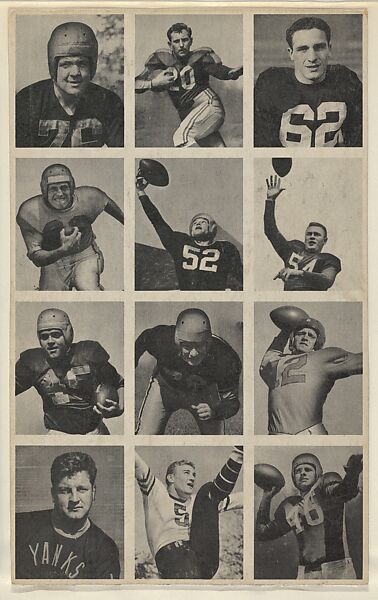 Sheet of 12 uncut football cards, from the Bowman Football series (R407-1) issued by Bowman Gum, Issued by Bowman Gum Company, Commercial color lithograph 