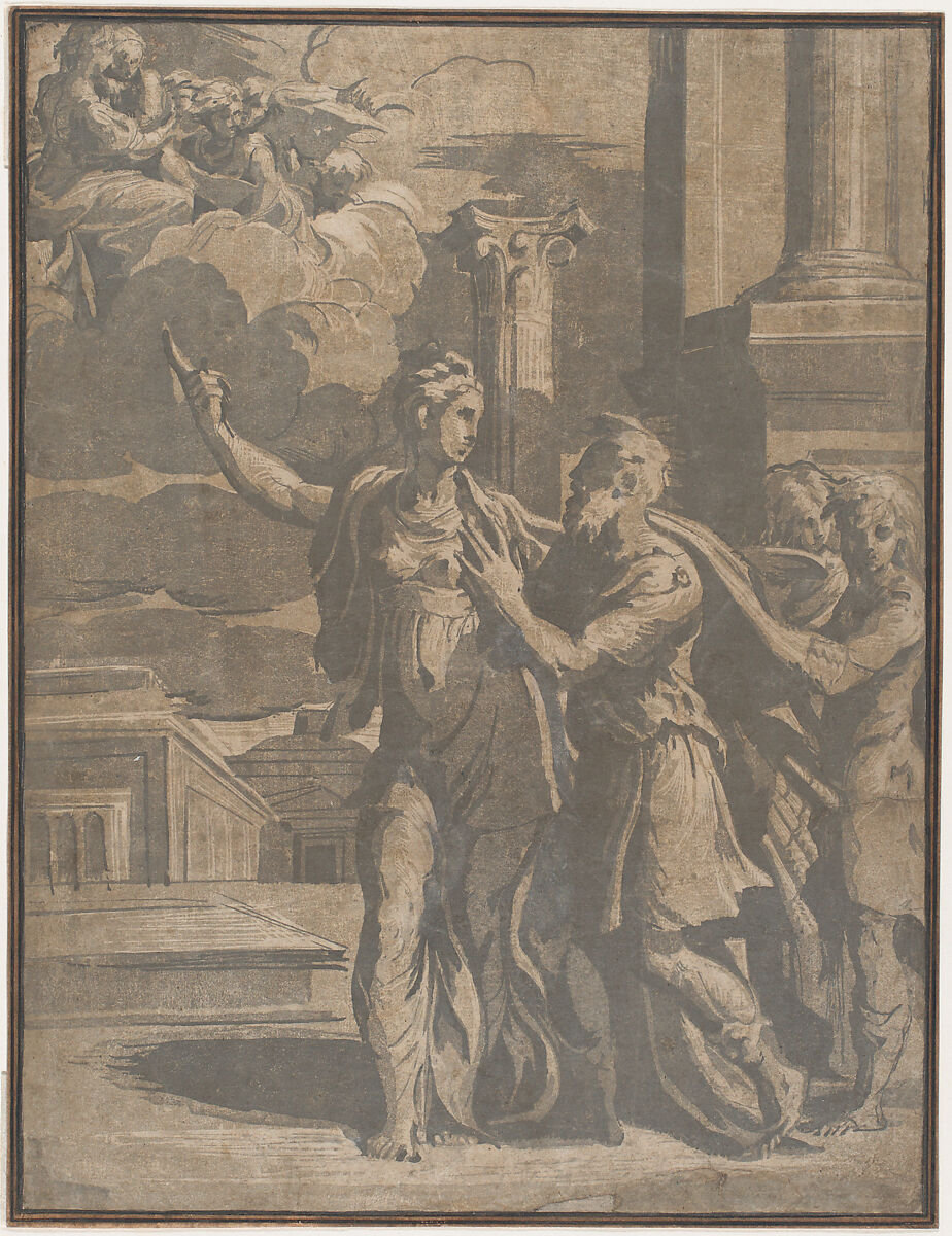 The Tiburtine Sibyl showing Emperor Augustus the Virgin and Christ Child, Anonymous, Italian, 16th century, Chiaroscuro woodcut from three blocks in gray (variant from 3[of 4] blocks), Version B 