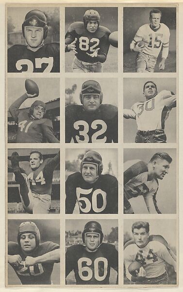 Sheet of 12 uncut football cards, from the Bowman Football series (R407-1) issued by Bowman Gum, Issued by Bowman Gum Company, Commercial color lithograph 
