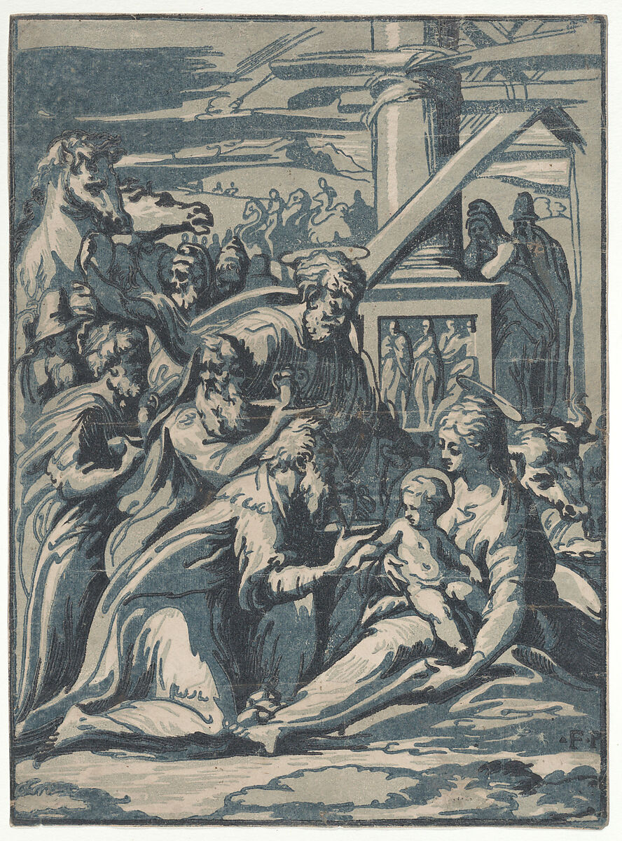 Adoration of the Magi, Niccolò Vicentino (Italian, active ca. 1510–ca. 1550), Chiaroscuro woodcut from three blocks in blue 