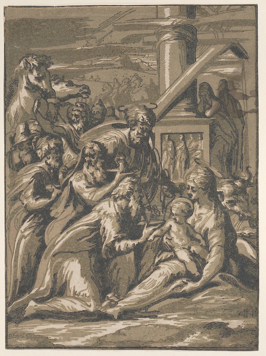 Adoration of the Magi, Niccolò Vicentino (Italian, active ca. 1510–ca. 1550), Chiaroscuro woodcut from three blocks in green 