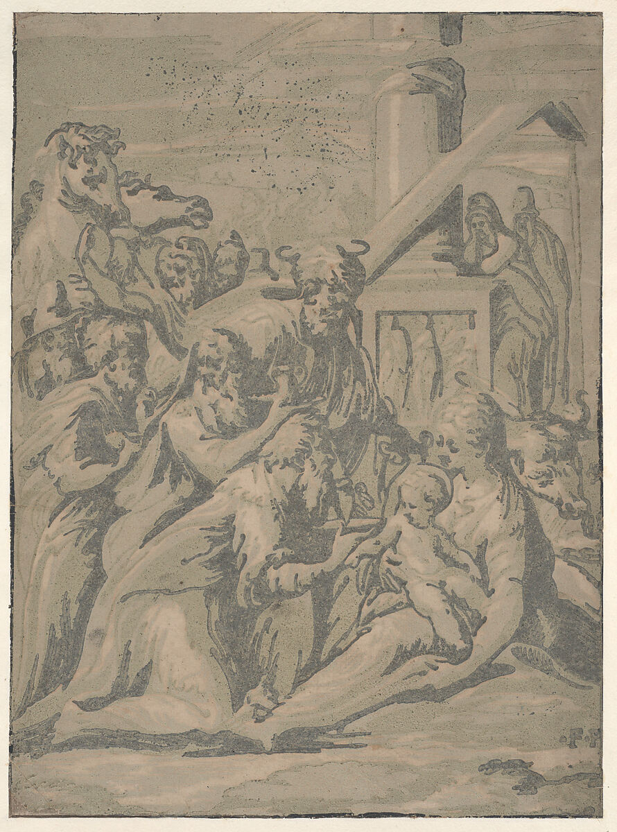 Adoration of the Magi, Niccolò Vicentino (Italian, active ca. 1510–ca. 1550), Chiaroscuro woodcut from three blocks in green 