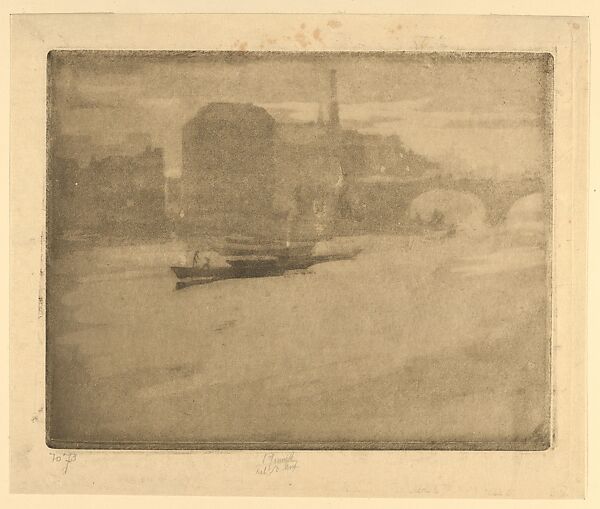 Evening Harbor Scene with Bridge (Mist on the Thames), Joseph Pennell (American, Philadelphia, Pennsylvania 1857–1926 New York), Etching and aquatint, printed in dark gray ink 