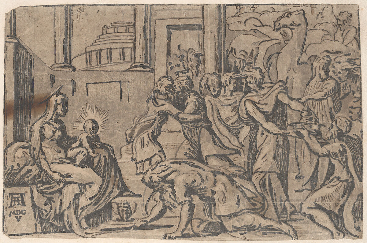 The Adoration of the Magi, Attributed to Niccolò Vicentino (Italian, active ca. 1510–ca. 1550), Chiaroscuro woodcut from three blocks in green, second state of two (Bartsch) 