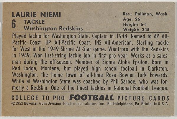 Laurie Niemi, from the Bowman Football series (R407-4) issued by Bowman Gum, Issued by Bowman Gum Company, Commercial color lithograph