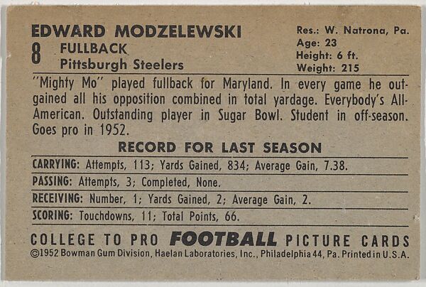 Ed Modzelewski, University of Maryland, from the Bowman Football series (R407-4) issued by Bowman Gum, Issued by Bowman Gum Company, Commercial color lithograph