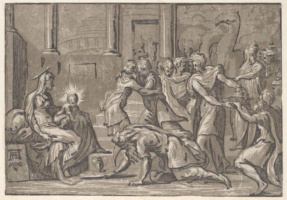 The Adoration of the Magi, ?After Niccolò Vicentino (Italian, active ca. 1510–ca. 1550), Chiaroscuro woodcut from three blocks in green; second state of two (Bartsch) 