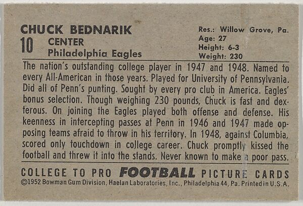 Chuck Bednarik, from the Bowman Football series (R407-4) issued by Bowman Gum, Issued by Bowman Gum Company, Commercial color lithograph