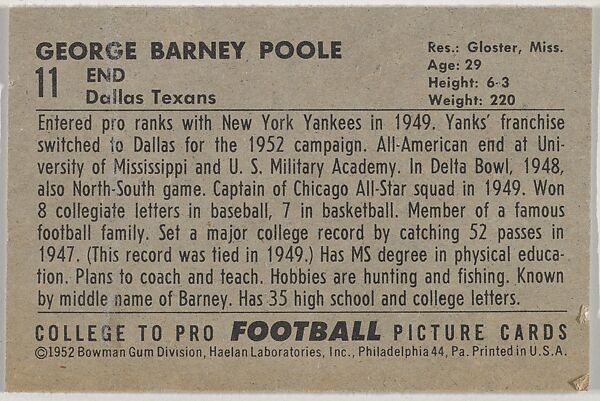 Barney Poole, from the Bowman Football series (R407-4) issued by Bowman Gum, Issued by Bowman Gum Company, Commercial color lithograph