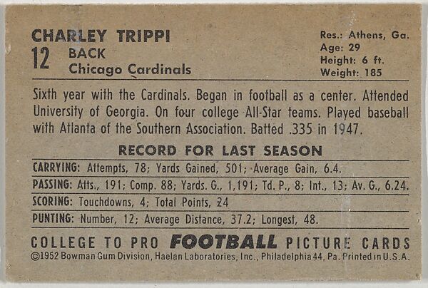 Charley Trippi, from the Bowman Football series (R407-4) issued by Bowman Gum, Issued by Bowman Gum Company, Commercial color lithograph