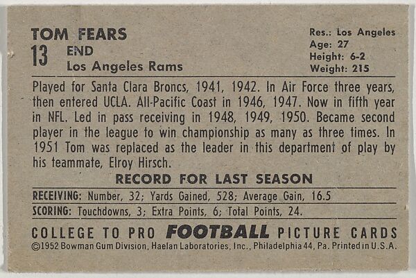 Tom Fears, from the Bowman Football series (R407-4) issued by Bowman Gum, Issued by Bowman Gum Company, Commercial color lithograph