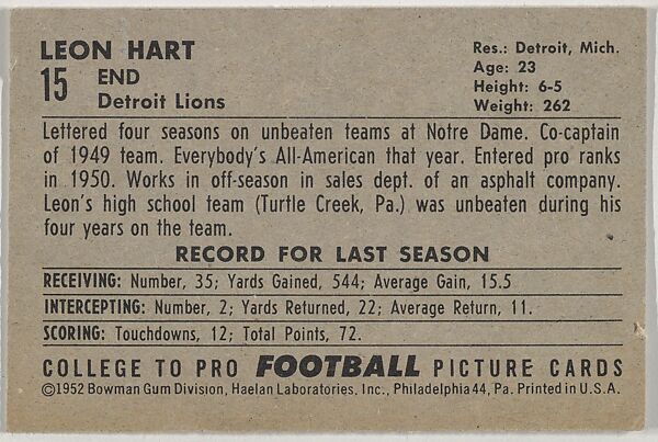 Leon Hart, from the Bowman Football series (R407-4) issued by Bowman Gum, Issued by Bowman Gum Company, Commercial color lithograph