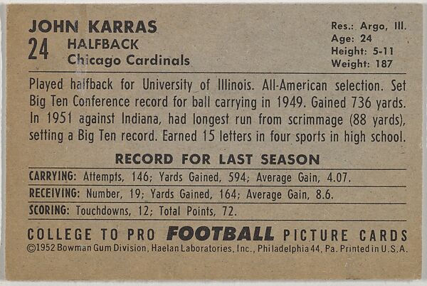 John Karras, University of Illinois, from the Bowman Football series (R407-4) issued by Bowman Gum, Issued by Bowman Gum Company, Commercial color lithograph