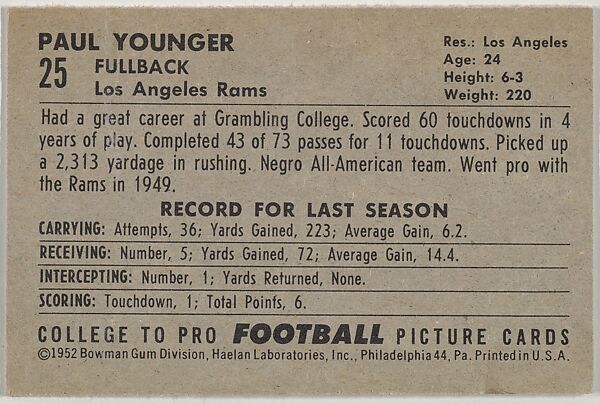 Paul "Tank" Younger, from the Bowman Football series (R407-4) issued by Bowman Gum, Issued by Bowman Gum Company, Commercial color lithograph