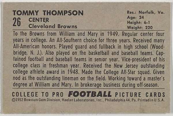 Tom Thompson, from the Bowman Football series (R407-4) issued by Bowman Gum, Issued by Bowman Gum Company, Commercial color lithograph
