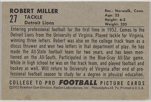 Robert Miller, University of Virginia, from the Bowman Football series (R407-4) issued by Bowman Gum, Issued by Bowman Gum Company, Commercial color lithograph