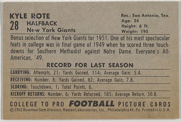 Kyle Rote, from the Bowman Football series (R407-4) issued by Bowman Gum, Issued by Bowman Gum Company, Commercial color lithograph