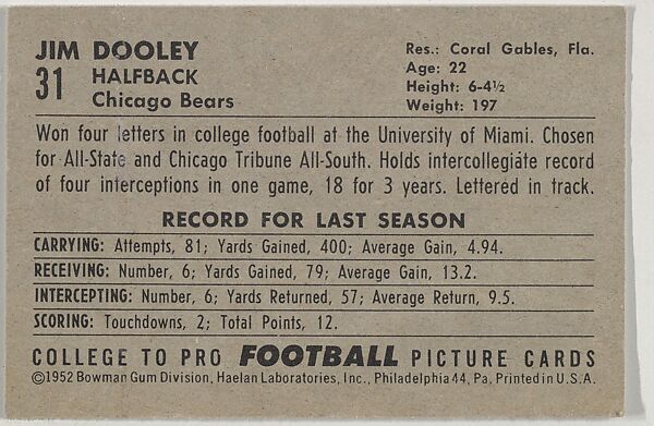 Jim Dooley, University of Miami, from the Bowman Football series (R407-4) issued by Bowman Gum, Issued by Bowman Gum Company, Commercial color lithograph