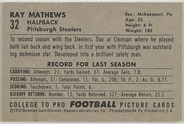 Ray Mathews, Pittsburgh Steelers, from the Bowman Football series (R407-4) issued by Bowman Gum, Issued by Bowman Gum Company, Commercial color lithograph