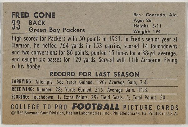 Fred Cone, from the Bowman Football series (R407-4) issued by Bowman Gum, Issued by Bowman Gum Company, Commercial color lithograph