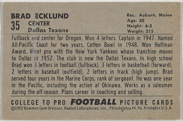 Brad "Whitie" Ecklund, Dallas Texans, from the Bowman Football series (R407-4) issued by Bowman Gum, Issued by Bowman Gum Company, Commercial color lithograph