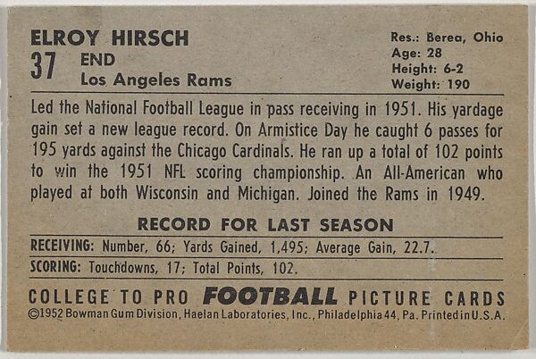 Elroy Hirsch, from the Bowman Football series (R407-4) issued by Bowman Gum, Issued by Bowman Gum Company, Commercial color lithograph