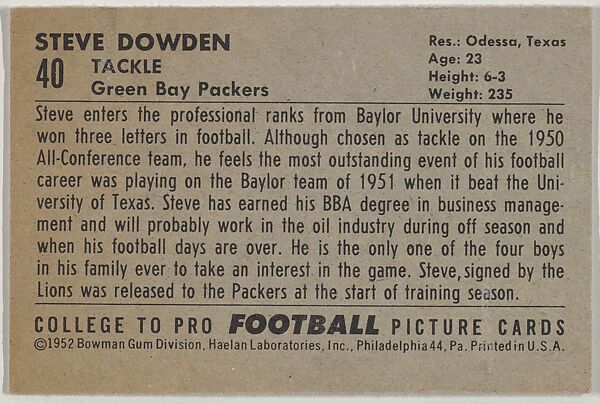 Steve Dowden, Baylor University, from the Bowman Football series (R407-4) issued by Bowman Gum, Issued by Bowman Gum Company, Commercial color lithograph